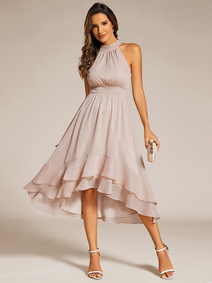 ever ZOYA|Sparkly High-Low Ruffle Halter Neck Wedding Guest Dress with Pleating