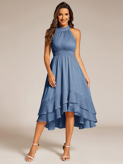ever ZOYA|Sparkly High-Low Ruffle Halter Neck Wedding Guest Dress with Pleating