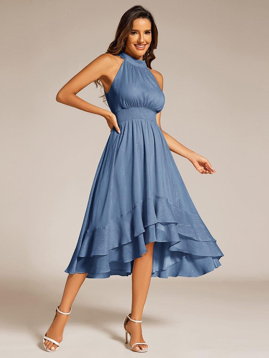 ever ZOYA|Sparkly High-Low Ruffle Halter Neck Wedding Guest Dress with Pleating