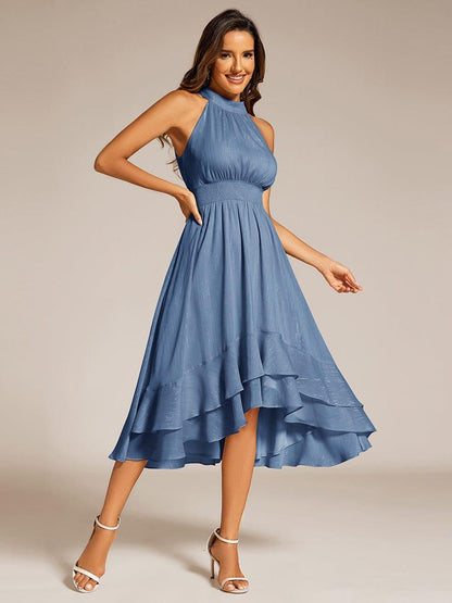 ever ZOYA|Sparkly High-Low Ruffle Halter Neck Wedding Guest Dress with Pleating