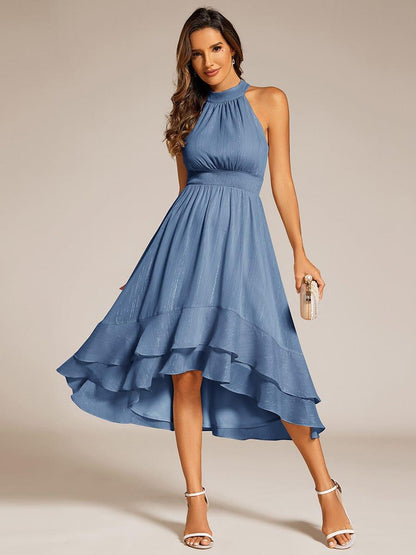 ever ZOYA|Sparkly High-Low Ruffle Halter Neck Wedding Guest Dress with Pleating