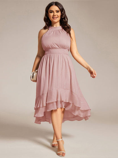pretty ZOYA|Plus Size Glittery Sleeveless Halter Neck Midi Wedding Guest Dress