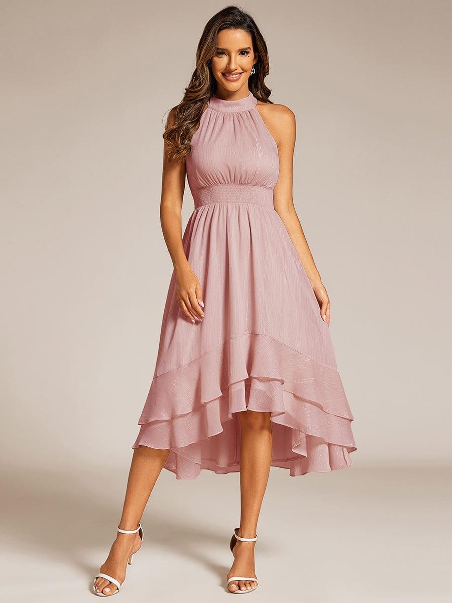 ever ZOYA|Sparkly High-Low Ruffle Halter Neck Wedding Guest Dress with Pleating