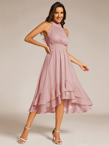 ever ZOYA|Sparkly High-Low Ruffle Halter Neck Wedding Guest Dress with Pleating