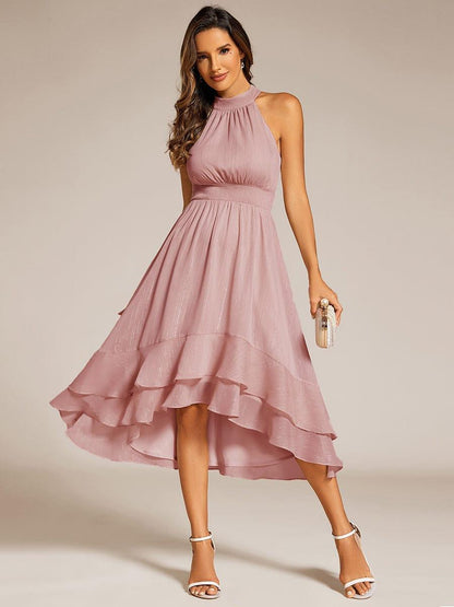 ever ZOYA|Sparkly High-Low Ruffle Halter Neck Wedding Guest Dress with Pleating