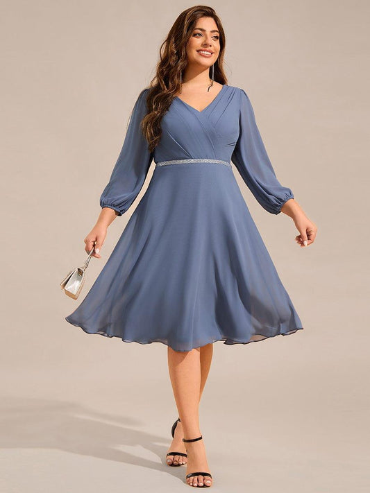 pretty NYLAH|Plus Size Long Sleeve Midi A-Line Wedding Guest Dress with Waist Chain