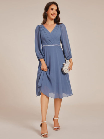 ever NYLAH|Pleated A-Line Long Sleeve Midi Chiffon Wedding Guest Dress