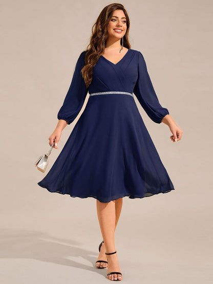 pretty NYLAH|Plus Size Long Sleeve Midi A-Line Wedding Guest Dress with Waist Chain