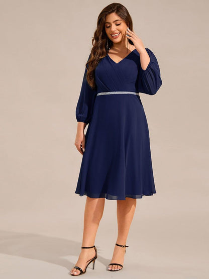 pretty NYLAH|Plus Size Long Sleeve Midi A-Line Wedding Guest Dress with Waist Chain