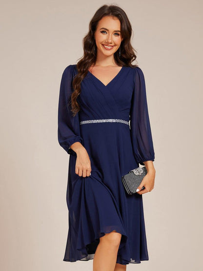 ever NYLAH|Pleated A-Line Long Sleeve Midi Chiffon Wedding Guest Dress