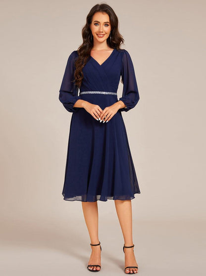 ever NYLAH|Pleated A-Line Long Sleeve Midi Chiffon Wedding Guest Dress