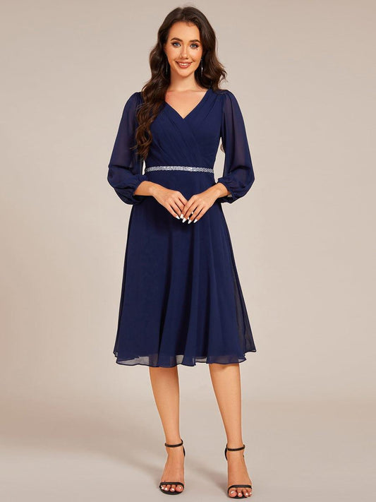 ever NYLAH|Pleated A-Line Long Sleeve Midi Chiffon Wedding Guest Dress