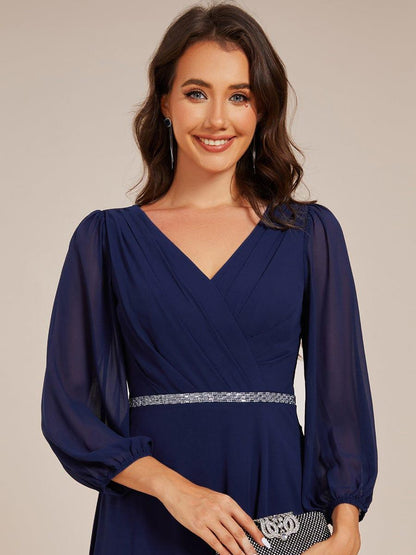 ever NYLAH|Pleated A-Line Long Sleeve Midi Chiffon Wedding Guest Dress
