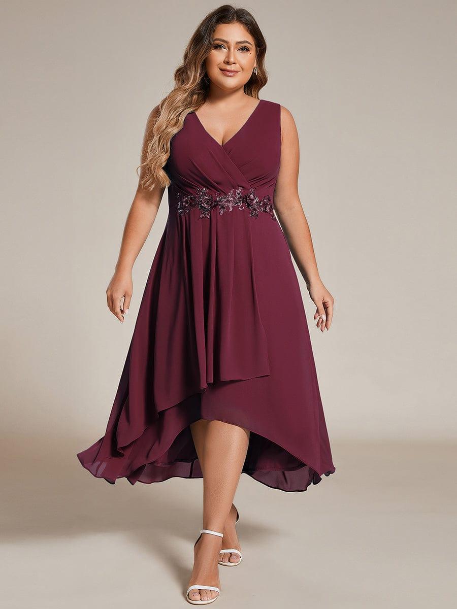 pretty IRYS|Sleeveless V-Neck High Low Plus Size Wedding Guest Dress with Floral Applique