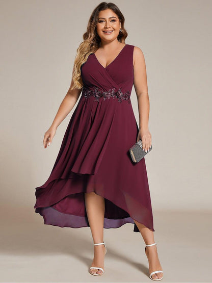 pretty IRYS|Sleeveless V-Neck High Low Plus Size Wedding Guest Dress with Floral Applique