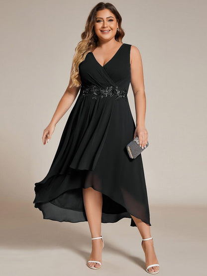 pretty IRYS|Sleeveless V-Neck High Low Plus Size Wedding Guest Dress with Floral Applique