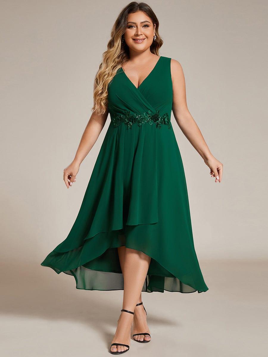 pretty IRYS|Sleeveless V-Neck High Low Plus Size Wedding Guest Dress with Floral Applique