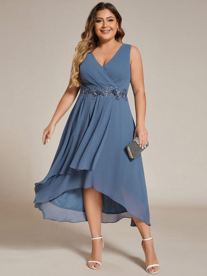 pretty IRYS|Sleeveless V-Neck High Low Plus Size Wedding Guest Dress with Floral Applique
