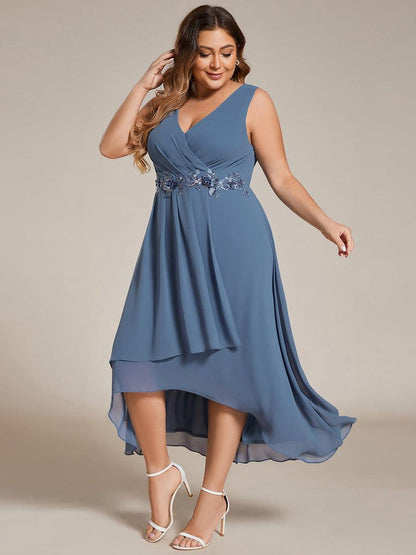 pretty IRYS|Sleeveless V-Neck High Low Plus Size Wedding Guest Dress with Floral Applique