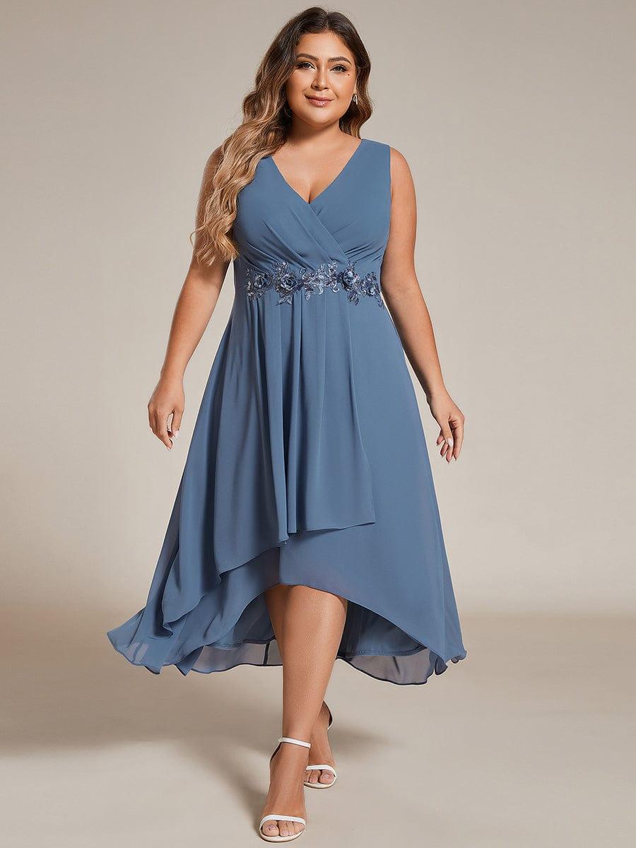 pretty IRYS|Sleeveless V-Neck High Low Plus Size Wedding Guest Dress with Floral Applique