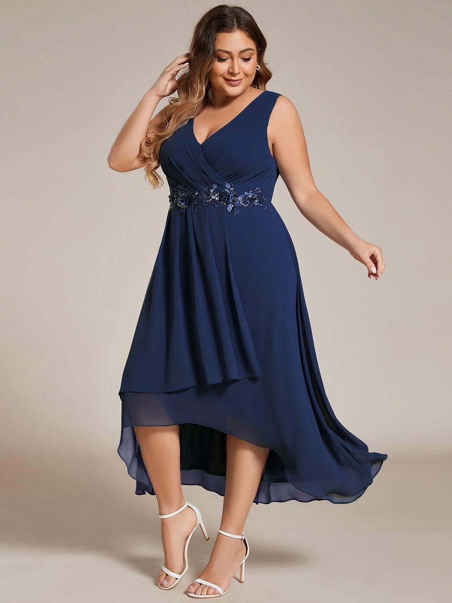 pretty IRYS|Sleeveless V-Neck High Low Plus Size Wedding Guest Dress with Floral Applique