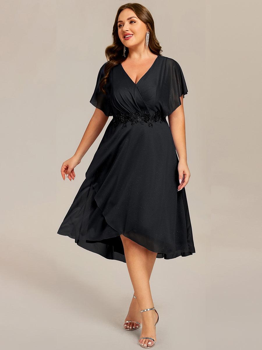 ever DANNA|Short Sleeve V-Neck Asymmetrical Midi Wedding Guest Dress