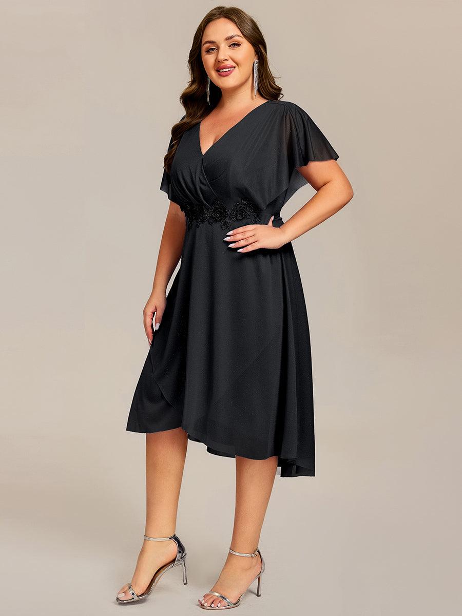 ever DANNA|Short Sleeve V-Neck Asymmetrical Midi Wedding Guest Dress
