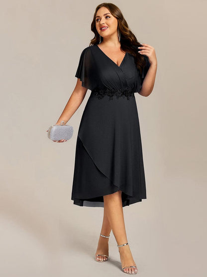 ever DANNA|Short Sleeve V-Neck Asymmetrical Midi Wedding Guest Dress