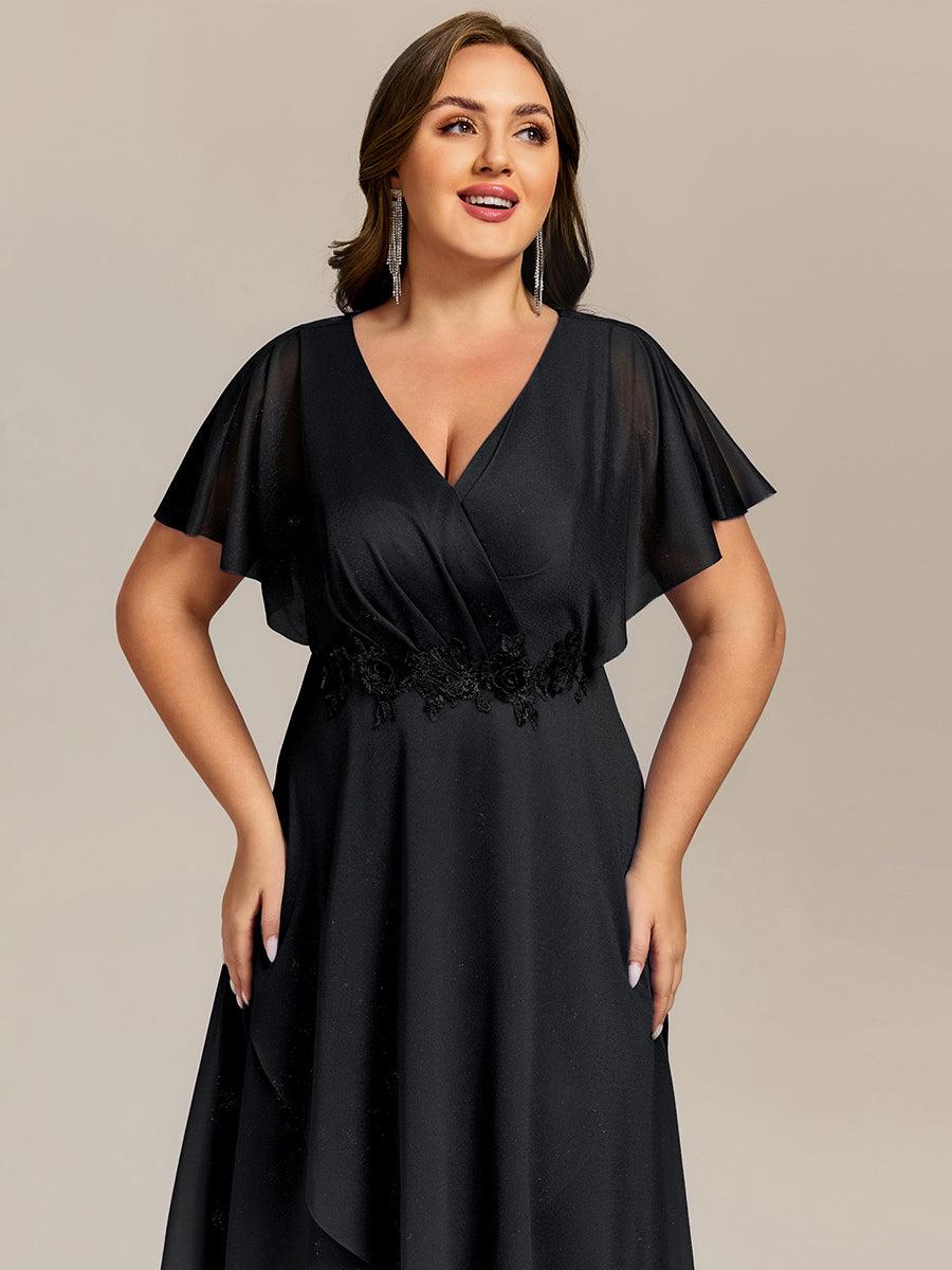 ever DANNA|Short Sleeve V-Neck Asymmetrical Midi Wedding Guest Dress