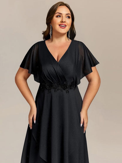 ever DANNA|Short Sleeve V-Neck Asymmetrical Midi Wedding Guest Dress