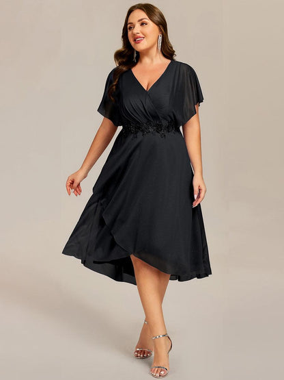pretty DANNA|Plus Size Short Sleeve Asymmetrical Hem V-Neck Applique Wedding Guest Dress