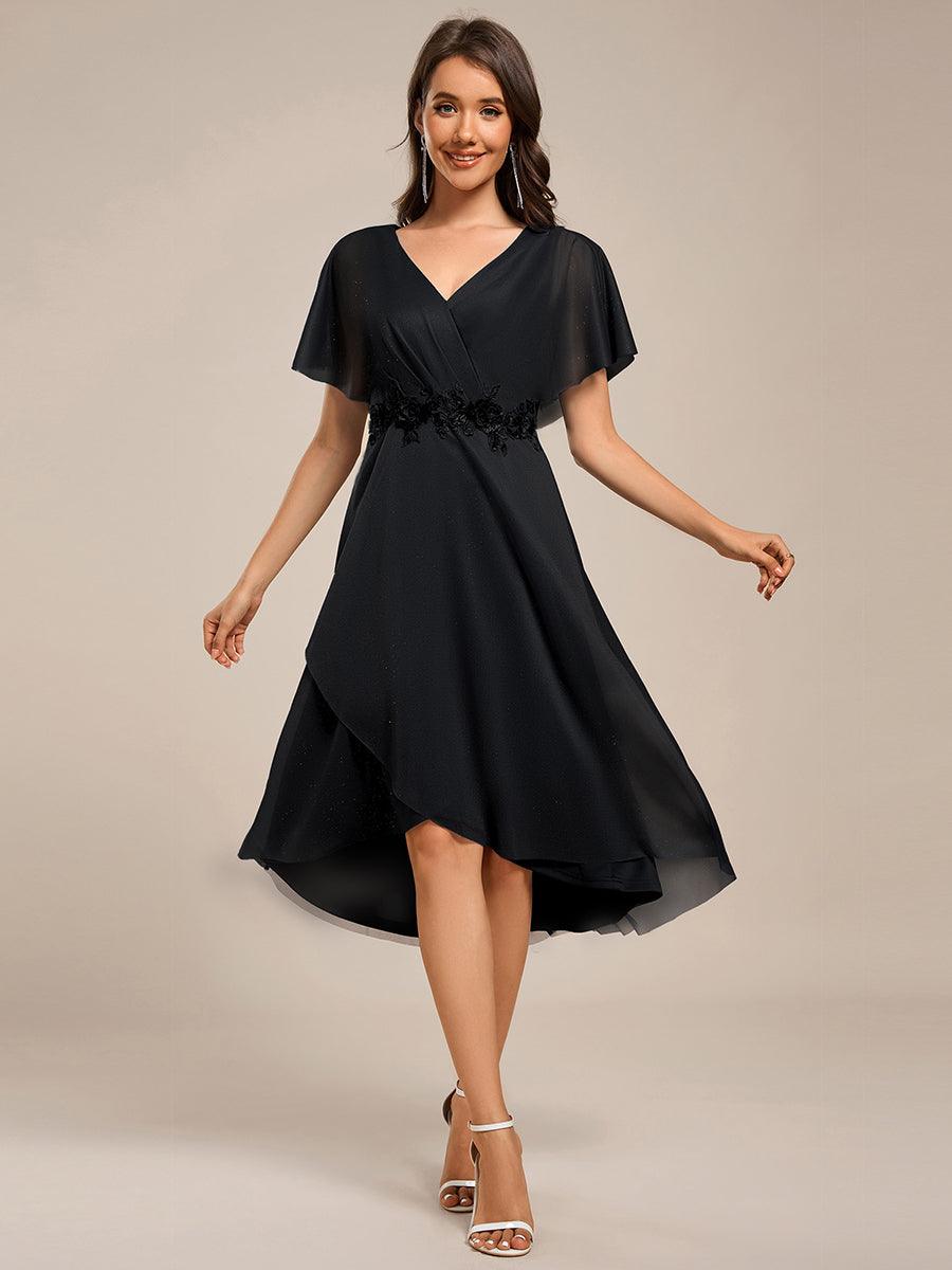 ever DANNA|Short Sleeve V-Neck Asymmetrical Midi Wedding Guest Dress