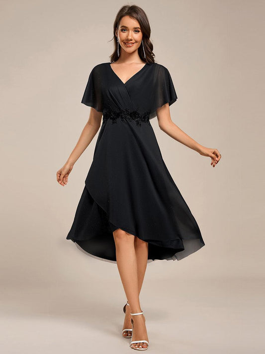 ever DANNA|Short Sleeve V-Neck Asymmetrical Midi Wedding Guest Dress