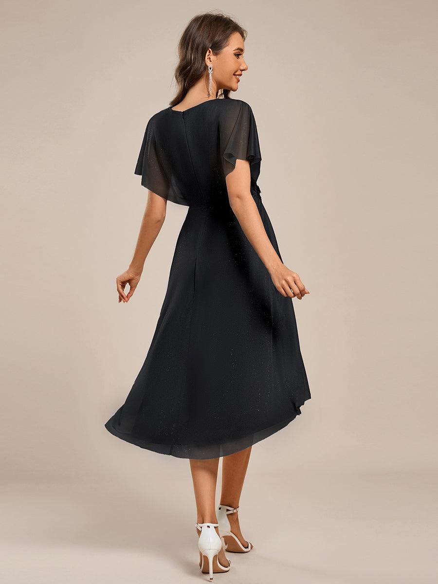 ever DANNA|Short Sleeve V-Neck Asymmetrical Midi Wedding Guest Dress
