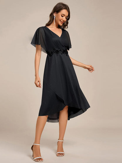 ever DANNA|Short Sleeve V-Neck Asymmetrical Midi Wedding Guest Dress
