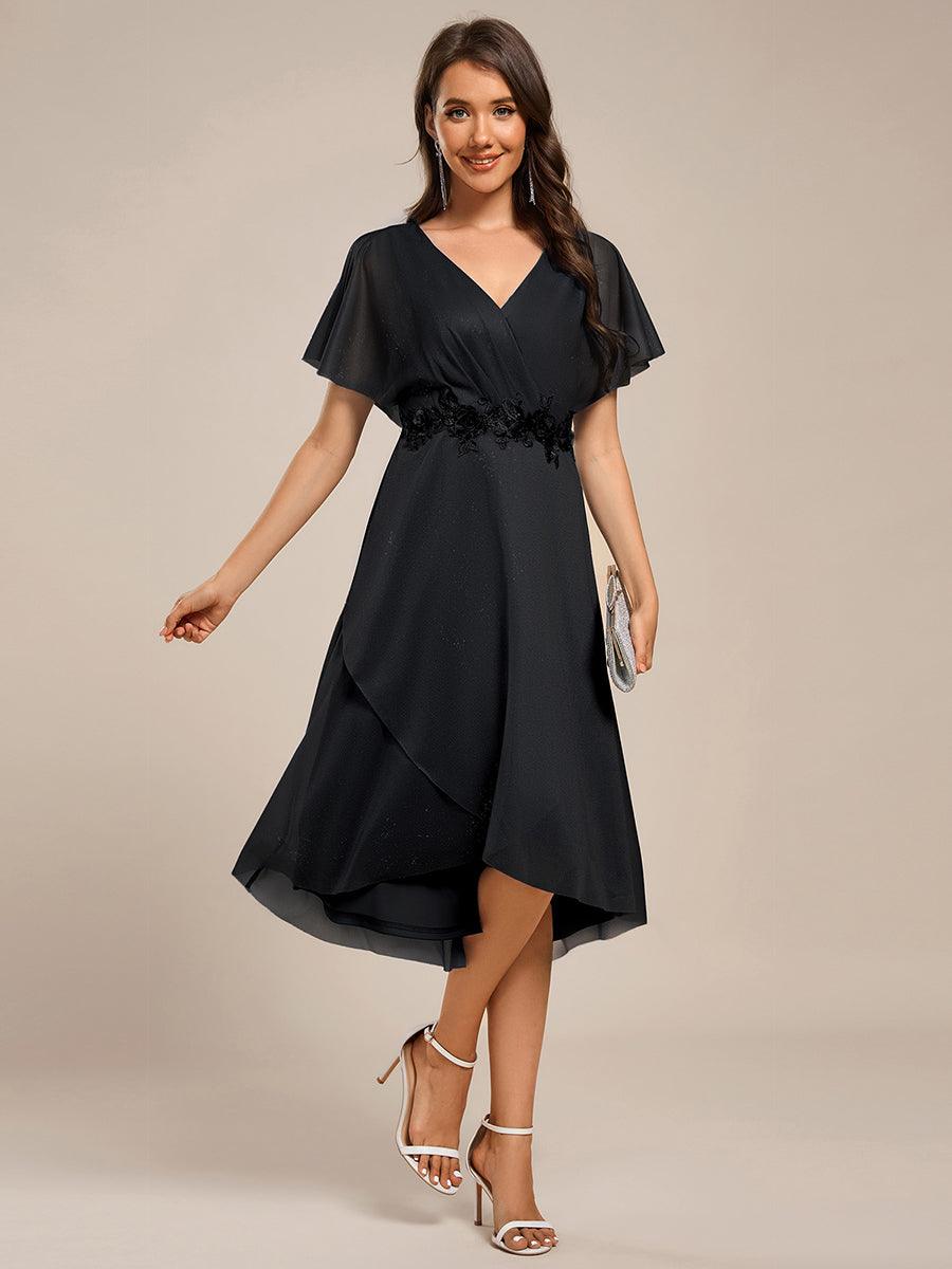 ever DANNA|Short Sleeve V-Neck Asymmetrical Midi Wedding Guest Dress