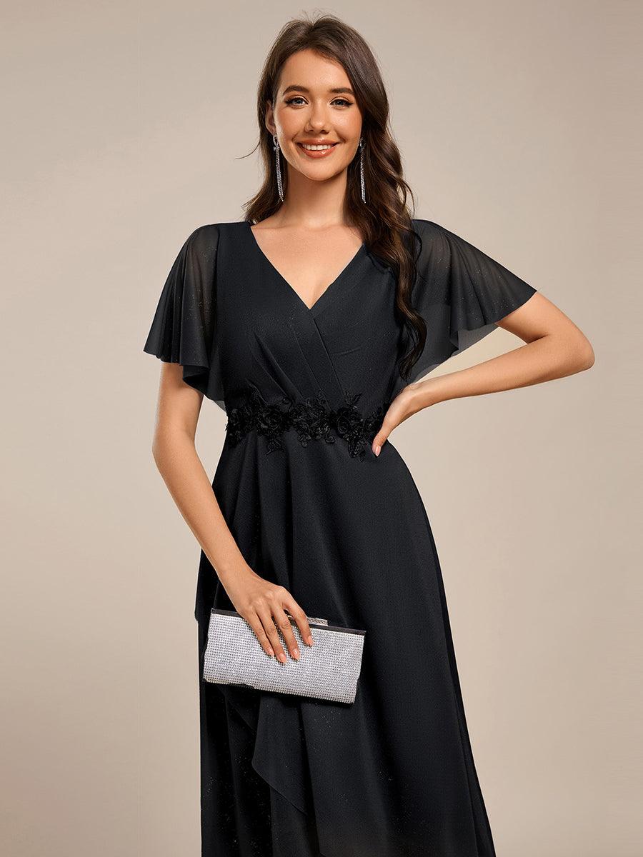 ever DANNA|Short Sleeve V-Neck Asymmetrical Midi Wedding Guest Dress