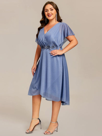 ever DANNA|Short Sleeve V-Neck Asymmetrical Midi Wedding Guest Dress