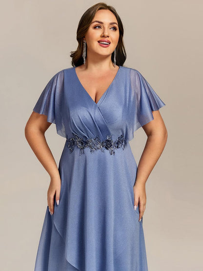 ever DANNA|Short Sleeve V-Neck Asymmetrical Midi Wedding Guest Dress