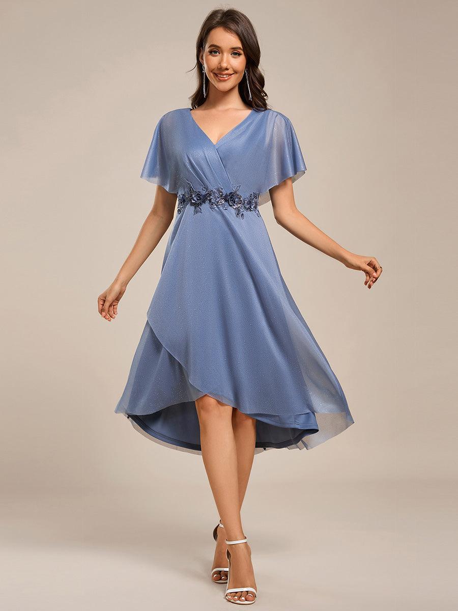 ever DANNA|Short Sleeve V-Neck Asymmetrical Midi Wedding Guest Dress