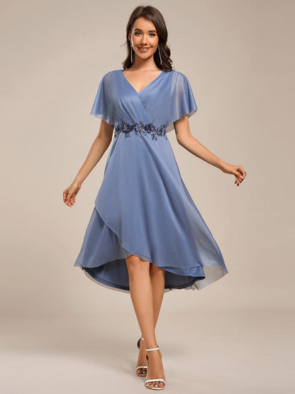 ever DANNA|Short Sleeve V-Neck Asymmetrical Midi Wedding Guest Dress