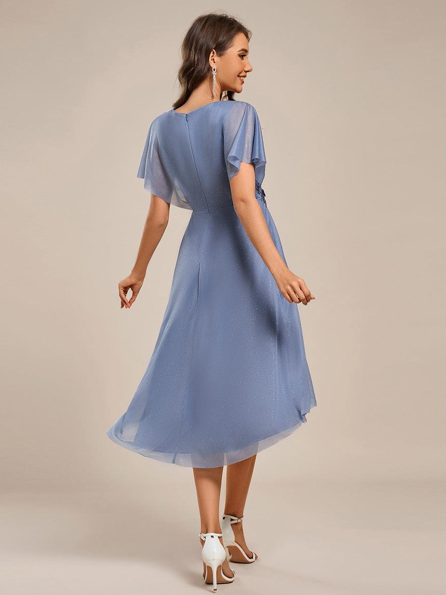 ever DANNA|Short Sleeve V-Neck Asymmetrical Midi Wedding Guest Dress