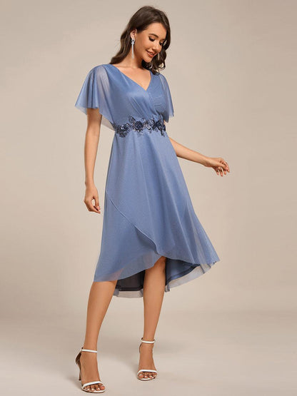 ever DANNA|Short Sleeve V-Neck Asymmetrical Midi Wedding Guest Dress