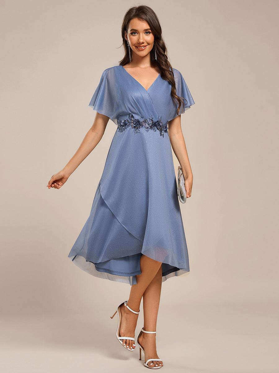 ever DANNA|Short Sleeve V-Neck Asymmetrical Midi Wedding Guest Dress