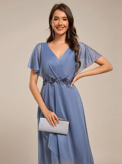 ever DANNA|Short Sleeve V-Neck Asymmetrical Midi Wedding Guest Dress