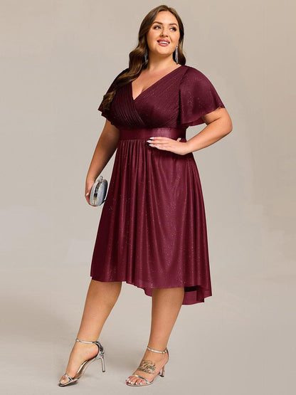 pretty SOL|Plus Size Glitter Short Sleeve V-Neck Pleated Midi Wedding Guest Dress