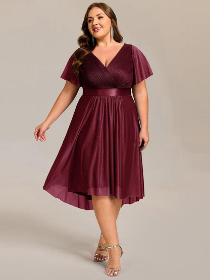 pretty SOL|Plus Size Glitter Short Sleeve V-Neck Pleated Midi Wedding Guest Dress