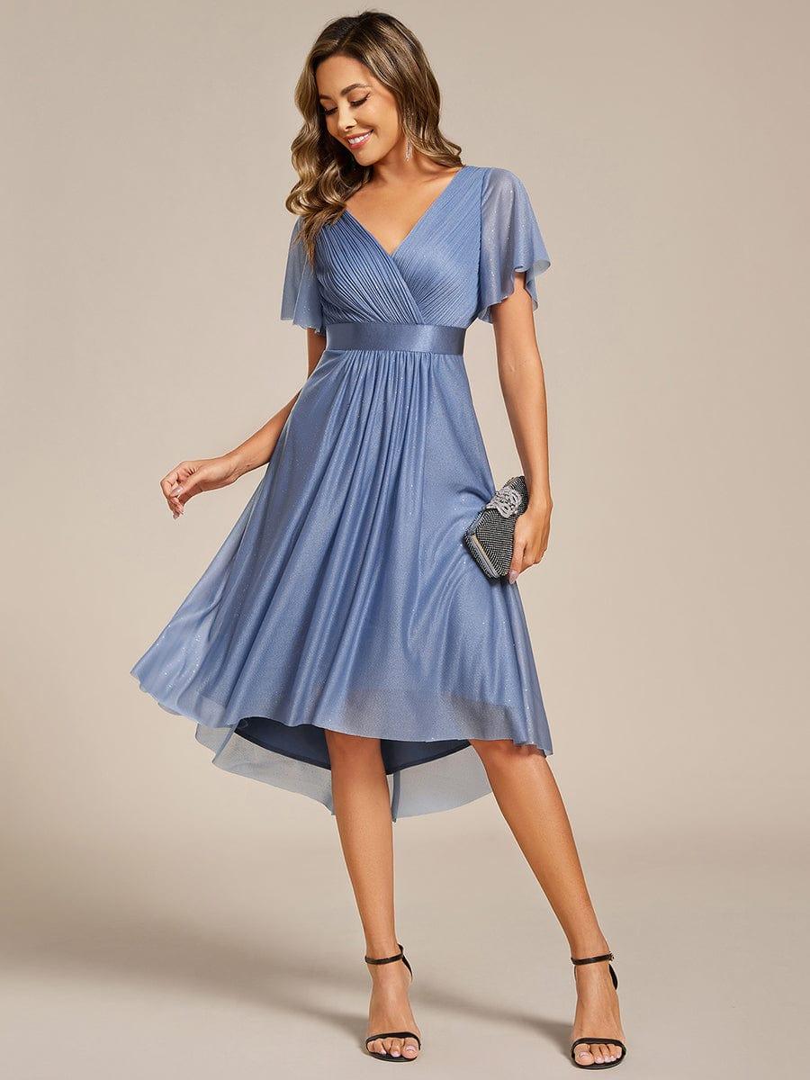 ever SOL|Short Sleeve V-Neck Pleated Glitter Midi Wedding Guest Dress
