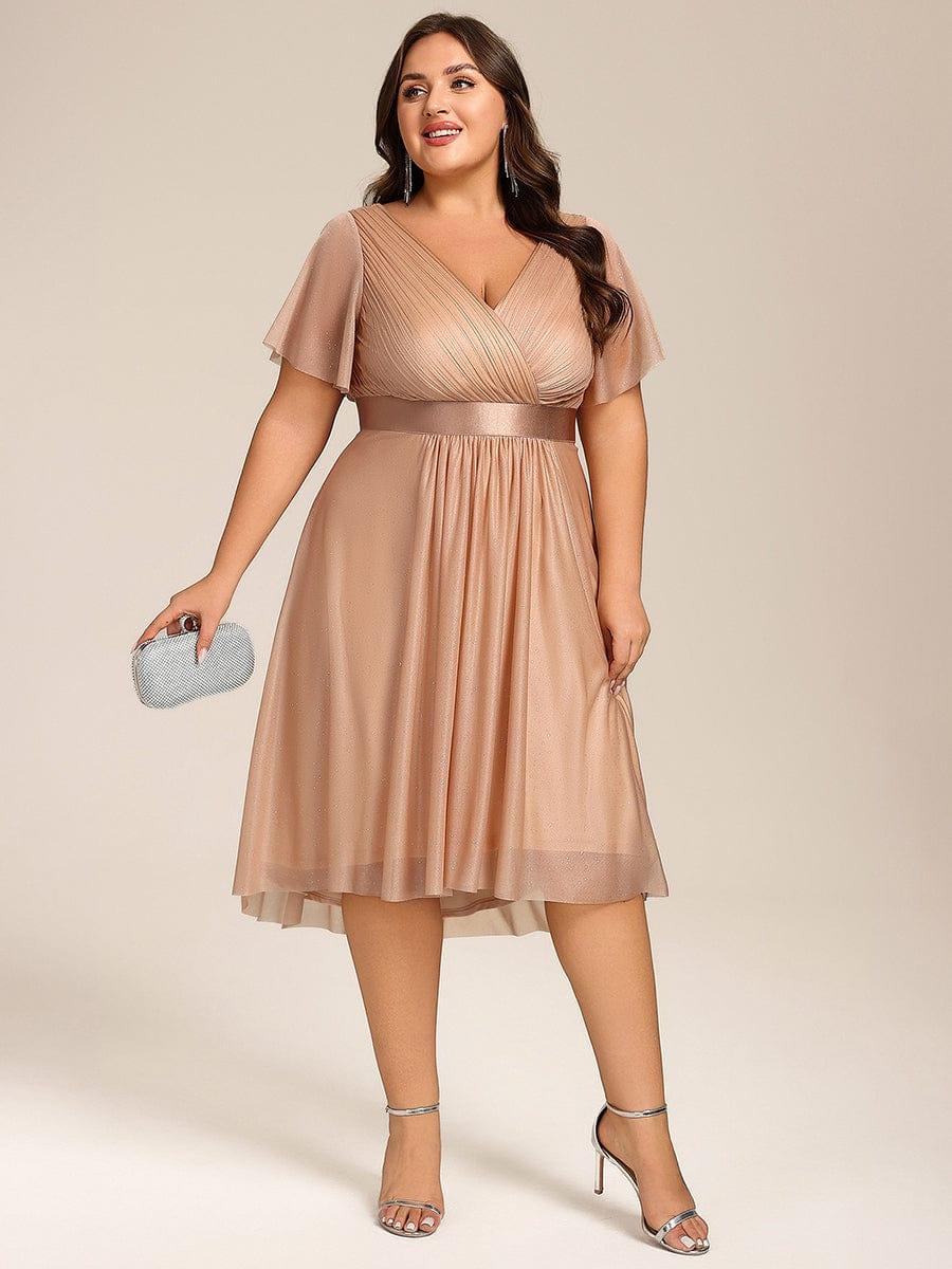 ever SOL|Short Sleeve V-Neck Pleated Glitter Midi Wedding Guest Dress