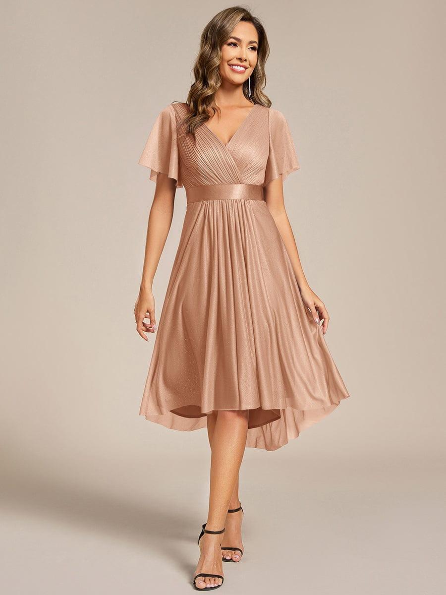ever SOL|Short Sleeve V-Neck Pleated Glitter Midi Wedding Guest Dress